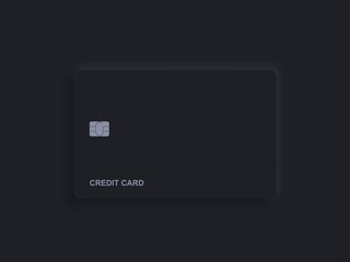 Poster - Neomorphism plastic bank credit card template with chip and shadow. Realistic black object isolated on dark background. Vector digital technology mockup. Contactless, wireless online payment concept.