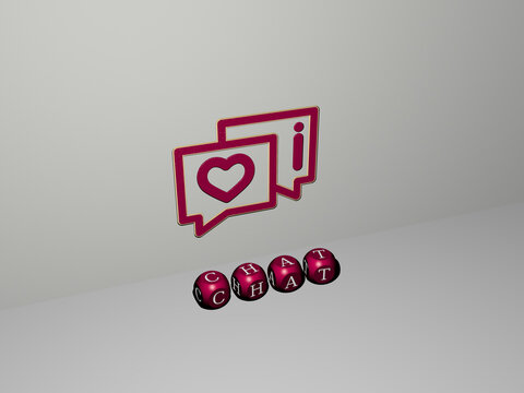 3D illustration of CHAT graphics and text made by metallic dice letters for the related meanings of the concept and presentations. icon and communication