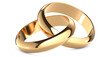 3D rendering illustration of Two gold wedding rings connected like chain links on an isolated white background 