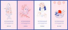 Collection Of Japanese Illustrations For Stories Templates, Mobile App, Landing Page, Web Design In Hand Drawn Style. Wabi Sabi Concept. Editable Vector Illustration