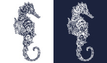 Sea Horse And Flowers Tattoo And T-shirt Design Symbol Of Travel, Freedom, Navigation. Black And White Vector Graphics