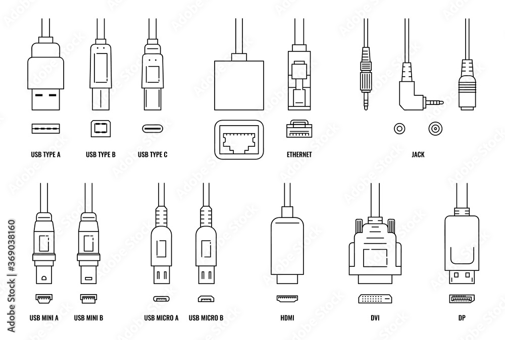 USB, HDMI, ethernet and other cable and port icon set with plugs - obrazy, fototapety, plakaty 