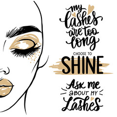 Wall Mural - Vector fashion poster with lashes quote and woman portrait with golden makeup.