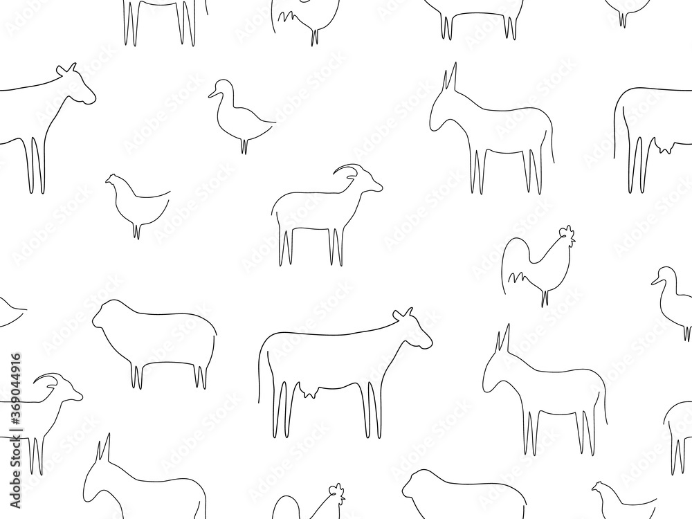 Seamless pattern farm animal background. Farm animals line contour ...
