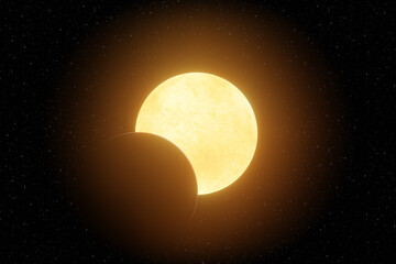 Wall Mural - representation of the beginning of a solar eclipse in a space background with stars