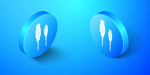 Poster - Isometric USB Micro cables icon isolated on blue background. Connectors and sockets for PC and mobile devices. Smartphone recharge supply. Blue circle button. Vector.