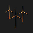 © mingirov - Gold Wind turbine icon isolated on black background. Wind generator sign. Windmill silhouette. Windmills for electric power production. Long shadow style. Vector.