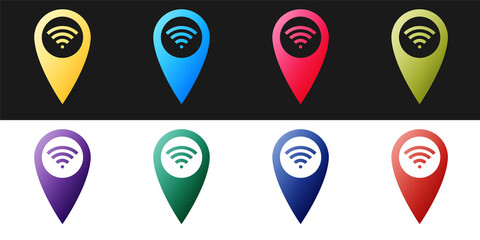Poster - Set Pointer map with wifi internet signal connection icon isolated on black and white background. Vector.