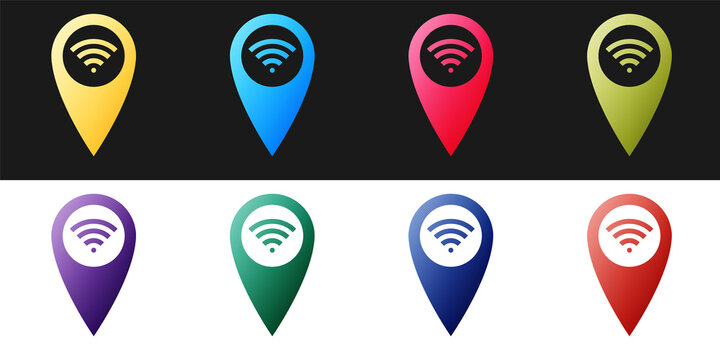 Set Pointer map with wifi internet signal connection icon isolated on black and white background. Vector.
