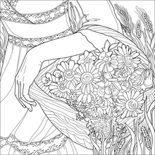 Girl With A Basket Of Wildflowers. Coloring Book For Adults.