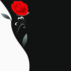 Wall Mural - Black and white floral background with a red rose.