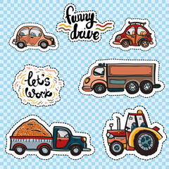 Set of contemporary elements: big truck, big tractor, little red car, little car, cargo truck, let's work emblem, funny drive. Vector hand drawn cute and funny kids toy transport patches or stickers.