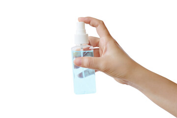 Hand holding alcohol spray on white background