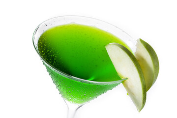 Green appletini cocktail in glass isolated on white background