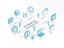 Information Technology Isometric Concept. Connected Line 3d Icons. Integrated Infographic System. People Teamwork. Device, IT, Content Cloud Symbols. Program Code, Tech Data, Network, Server Pictogram