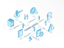 Compliance Isometric Concept. Connected Line 3d Icons. Integrated Infographic Design System. People Teamwork. Rules, Standards, Law, Requirements Symbol. Regulations, Policies Transparency Pictogram
