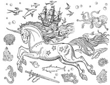 Magic Sea Unicorn, Old Ship, Whales, Dolphins, Fish, Octopus, Shell, Drowned Sword, Crystals, Stars, Sea Horse, Water Bubbles. Hand Drawn Vintage Style Line Art, Coloring Book Page, Postcard, Tattoo.