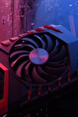 Poster - Computer game graphics card, videocard with two coolers on circuit board ,motherboard background. Close-up. With red-blue lighting