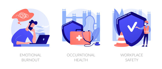 Wall Mural - Employee health abstract concept vector illustration set. Emotional burnout, occupational health, workplace safety, overload, injury prevention, labor condition, working environment abstract metaphor.