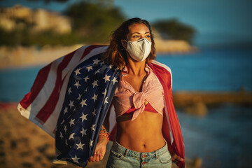 Poster - Young Woman With US National Flag During The Covid-19