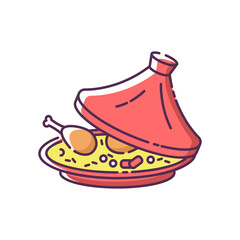 Sticker - Tagine RGB color icon. National dish in authentic crockery. Food cooked in pot. African maraq. Moroccan chicken with rice garnish. Marqa from traditional cuisine. Isolated vector illustration