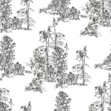 Seamless Pattern Groups With Pine Trees In Forest Pastoral, French Toile Black And White Landscape Hand Drawn Engraving Print Monochrome, Vintage Nature Illustration