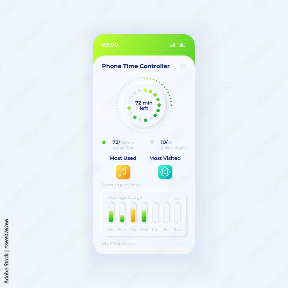 Phone time controller app smartphone interface vector template. Mobile ...