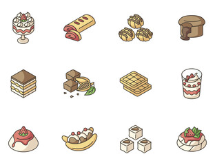 Wall Mural - World famous desserts RGB color icons set. Traditional sweets. Turkish delight. Chocolate lava cake. Brownies. Tiramisu. Authentic sweet food. European cuisine. Isolated vector illustrations