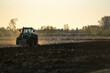 Stado mew latające za traktorem pracującym w polu