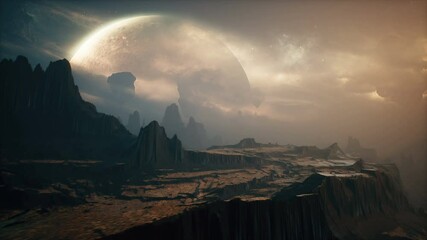 landscape of an amazing alien planet in the lost space. realistic cinematic animation.