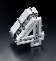 Aufkleber - The Number Four. Orthographic view at designed in technological style 3D digit which is assembled from mechanical parts and standing on reflective black background. 3d rendering graphics.