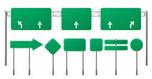 Highway Green Road Signs, Blank Signage Boards On Steel Poles For Pointing City Traffic Direction, Empty Panels With White Guide Arrows Isolated On White Background Realistic 3d Vector Illustration