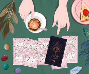 A session with a fortune teller with tarot cards, drink coffee and wait on arcane cards at the mystical guide, moon and sun tarot cards, Hands set in simple flat esoteric boho style. gold and pink and