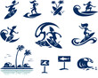 Set of Surfers Drawing Silhouettes, Surfing Sport Symbols, Waves, Water