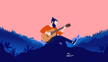 Man With Beard Playing Guitar Alone In Nature. Indie Music And Folk Song Concept. Vector Illustration.