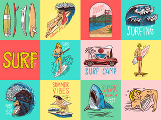  Surf badge, Vintage Surfer logo. Retro Wave and palm. Summer California pins set. Man on the surfboard, beach and sea. Engraved emblem hand drawn. Banner or poster. Sports in Hawaii.