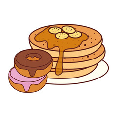 Sticker - delicious pancake with donuts, on white background