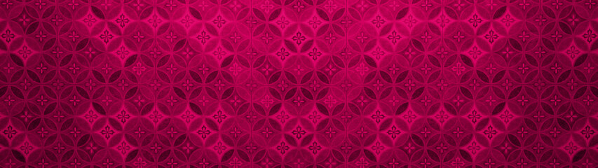 Poster - Old pink magenta vintage shabby patchwork mosaic motif tiles stone concrete cement wall texture background with circle print