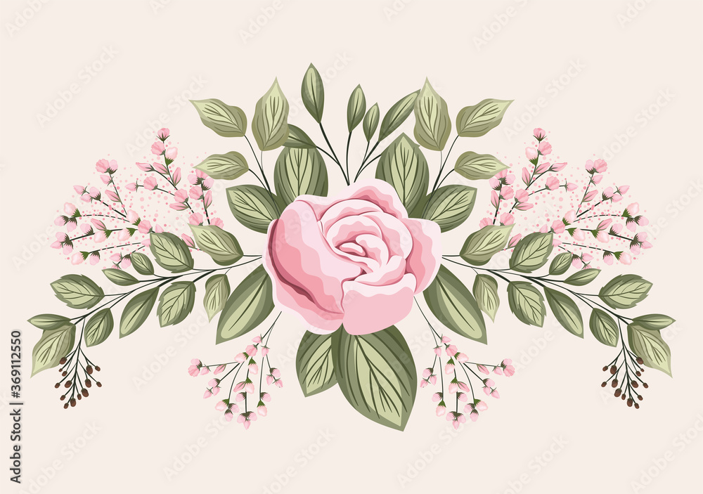 pink rose flower with leaves painting design, natural floral nature plant ornament garden decoration and botany theme Vector illustration - obrazy, fototapety, plakaty 