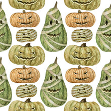 Watercolor Hand Painted Seamless Pattern With Halloween Pumpkins On White