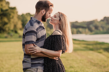 Couple in love walking. Romantic relationship.