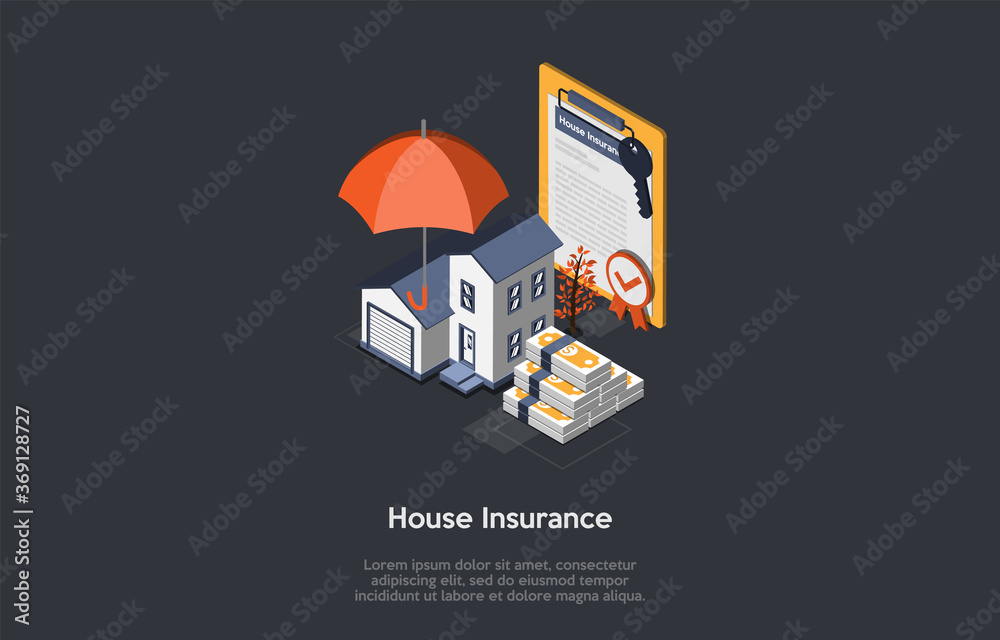Property Insurance In3d House Insurance Concept Illustration On Dark Background With Lorem ...