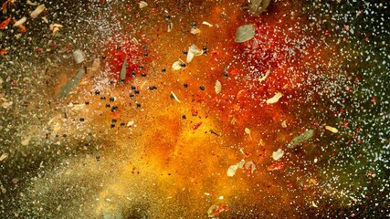 Super Slow Motion Shot of Colorful Seasoning Explosion on Black Background at 1000fps.
