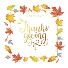 Wall Mural - Happy thanksgiving text with watercolor autumn leaves isolated on white background.