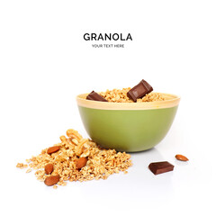 Wall Mural - Creative layout made of granola with chocolate and almond isolated on white background.Flat lay. Food concept.