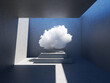 canvas print picture - 3d render, abstract futuristic urban background. White cloud levitate above the pedestal, inside the empty room with concrete walls and floor. Daylight and shadow. Modern architectural concept