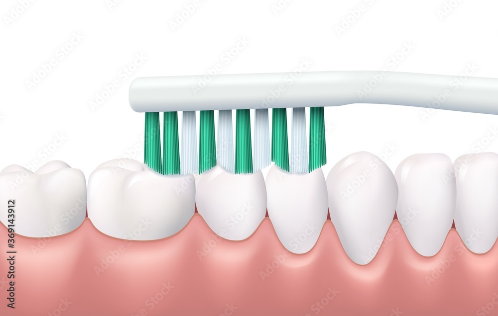 Teeth and gums brushing, 3d vector tooth brush cleaning white healthy teeth. Realistic stomatological procedure, oral health. Tooth protection, caries prevention dental clinic service, hygiene routine - obrazy, fototapety, plakaty 