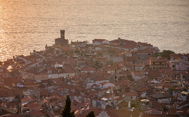 Wall Mural - aerial view of a sunset over the sea in Piran, Slovenia