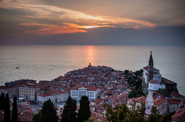 Wall Mural - aerial view of a sunset over the sea in Piran, Slovenia