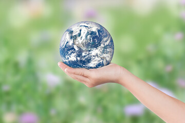 Canvas Print - environment day concept: child hands holding earth over blurred green nature background. elements of